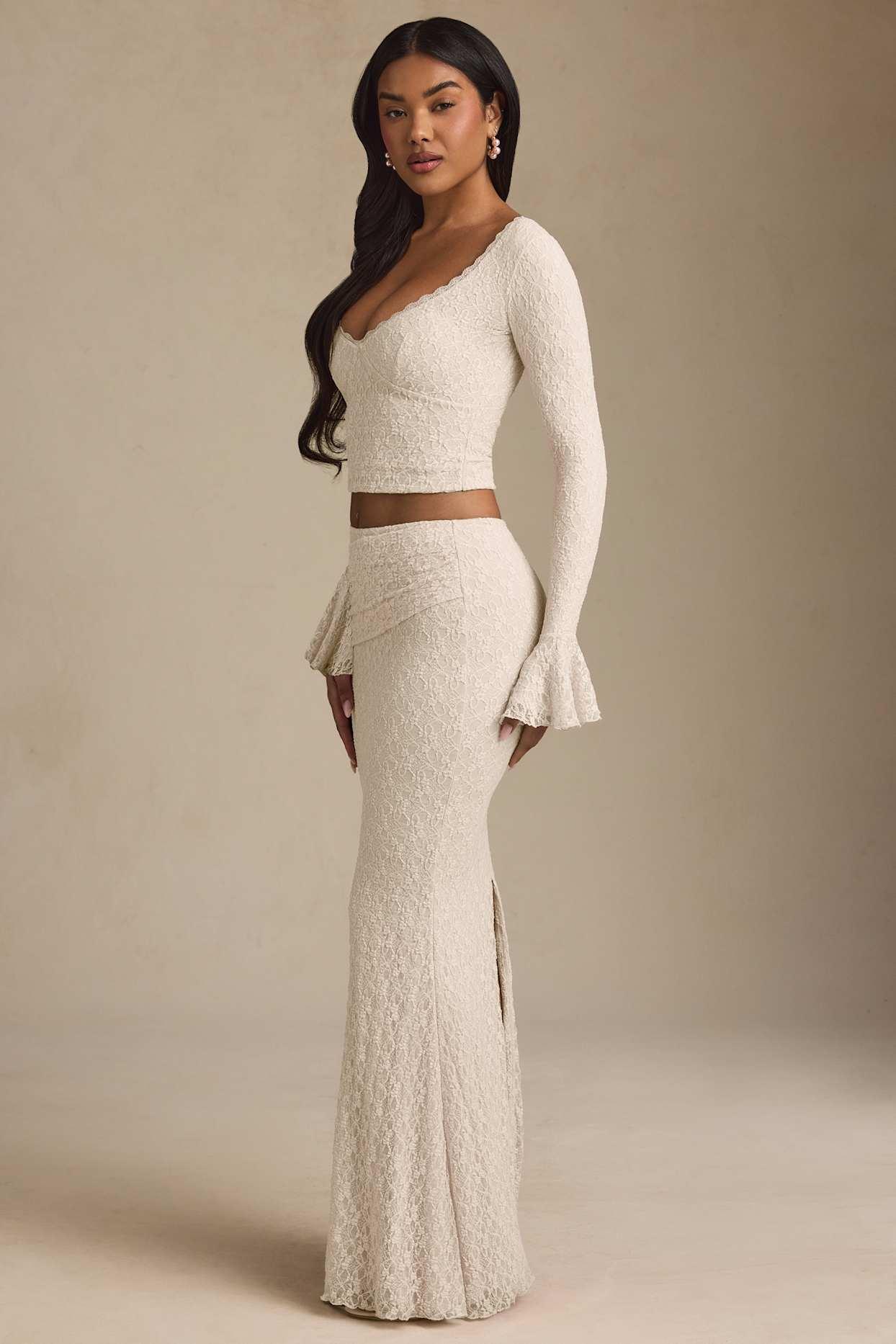 Draped Low-Rise Lace Maxi Skirt in Ivory Product Image