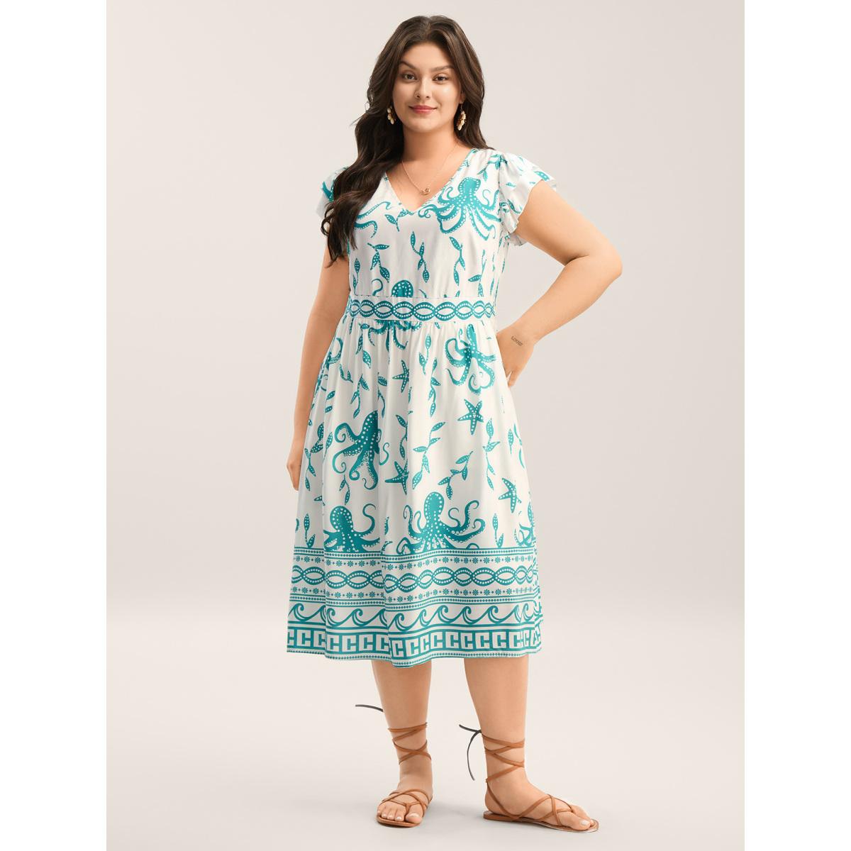 Plus Size Geometric Print V Neck Midi Dress Teal Women V-neck Cap Sleeve Curvy BloomChic 26/4X Product Image