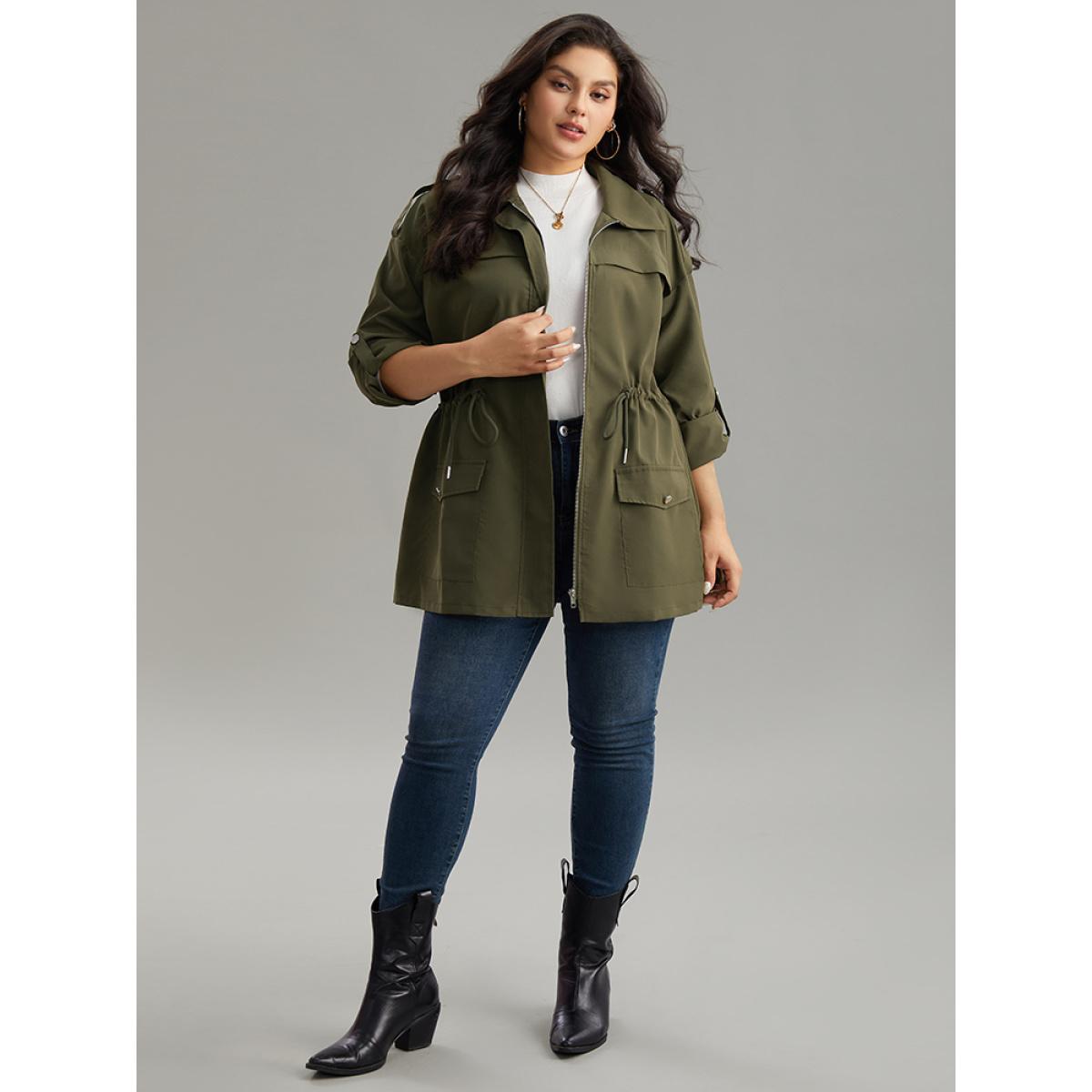 Plus Size Solid Zipper Drawstring Tab Sleeve Trench Coat Women ArmyGreen Casual Plain Ladies Dailywear Winter Coats BloomChic 22-24/3X Product Image