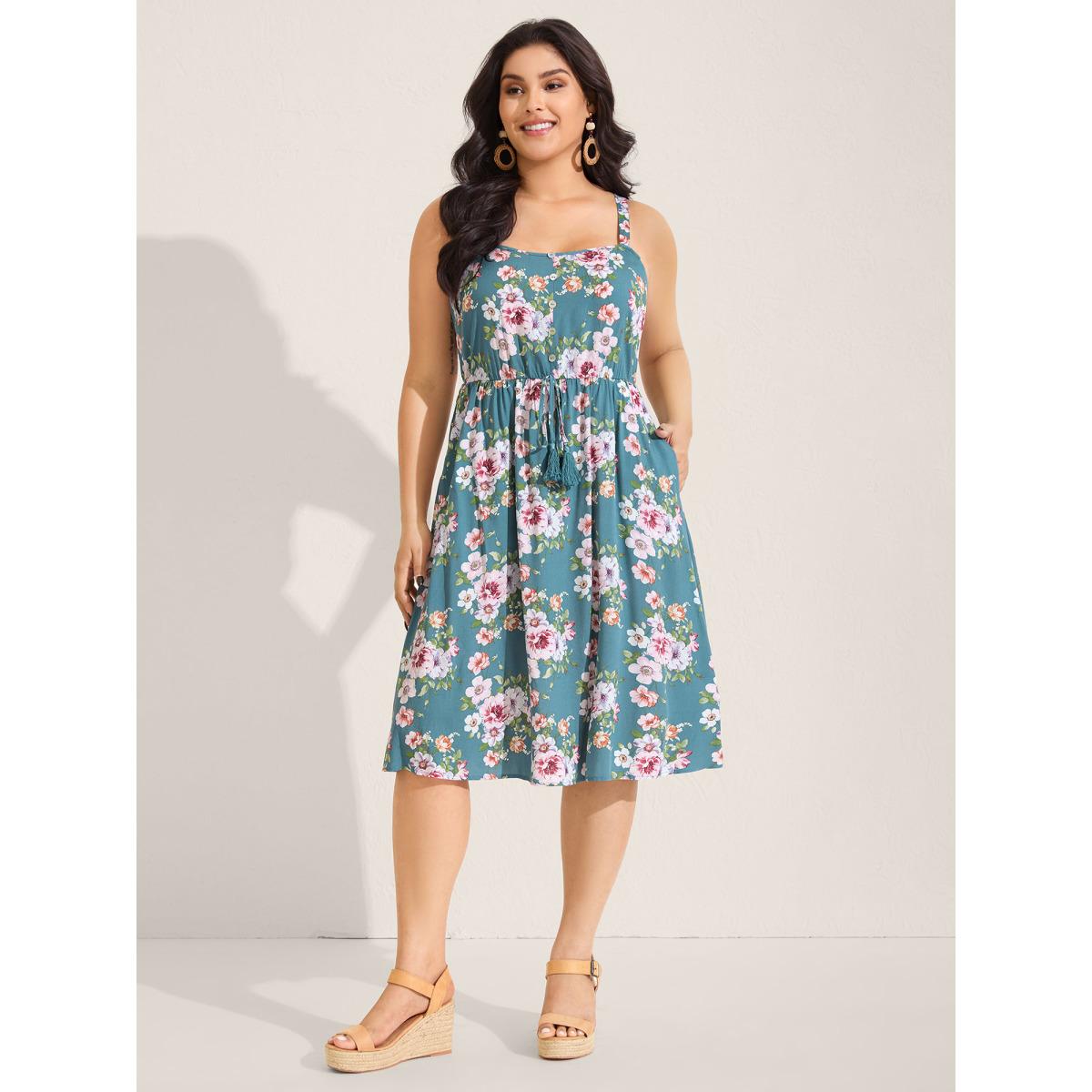 Plus Size Large Floral Print Cinched-Waist Midi Dress Stone Women Square Neck Sleeveless Curvy BloomChic 30/6X Product Image