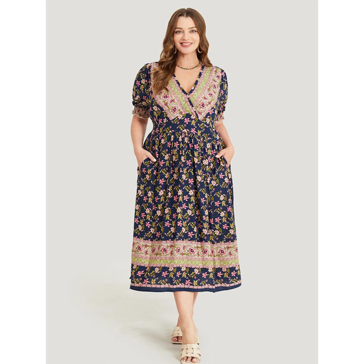 Plus Size Bandana Print Surplice Neck Pocket Shirred Puff Sleeve Dress Indigo Women Vacation Overlap Collar Short sleeve Curvy Midi Dress BloomChic 10/M Product Image