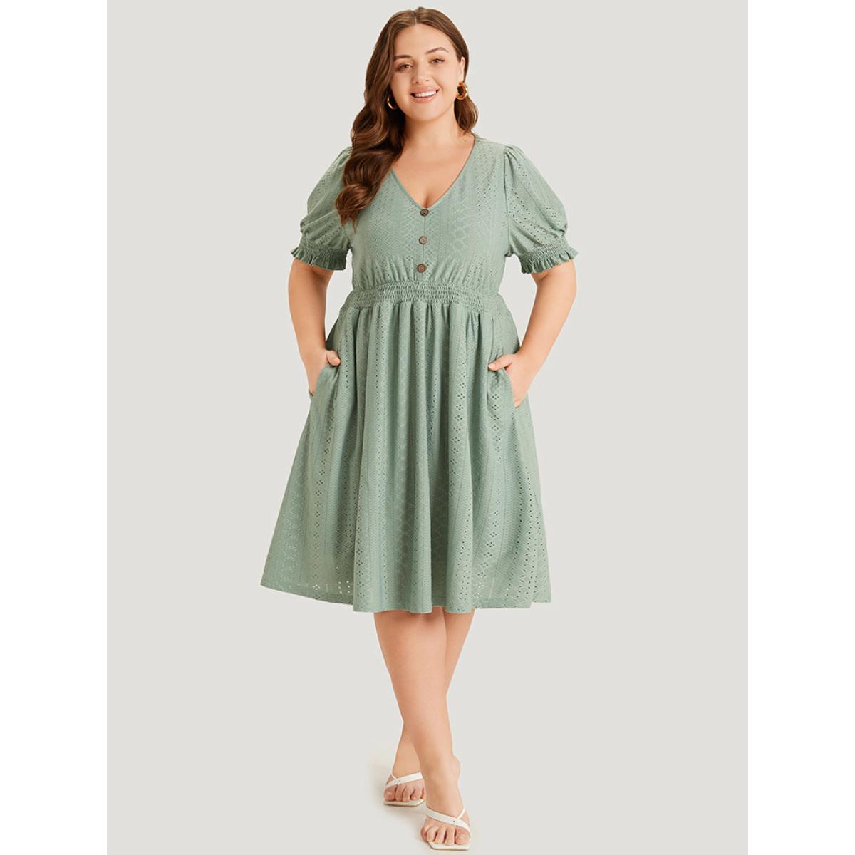 Plus Size Geometric Eyelet Pocket Button Detail Shirred Dress Sage Women Office Elastic cuffs V-neck Short sleeve Curvy Midi Dress BloomChic 14-16/1X Product Image