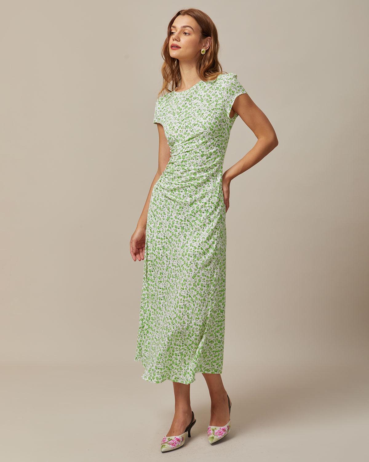Green Round Neck Floral Midi Dress Product Image