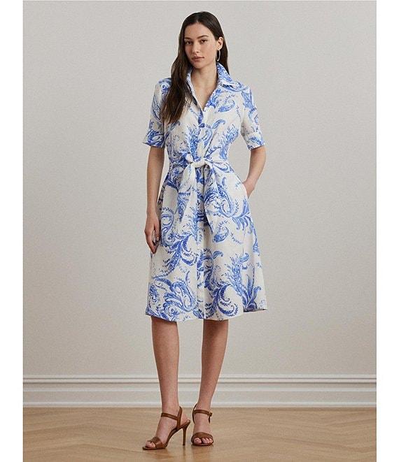 Lauren Ralph Lauren Paisley Tie-Front Linen Fit & Flare Midi Shirt Dress Product Image