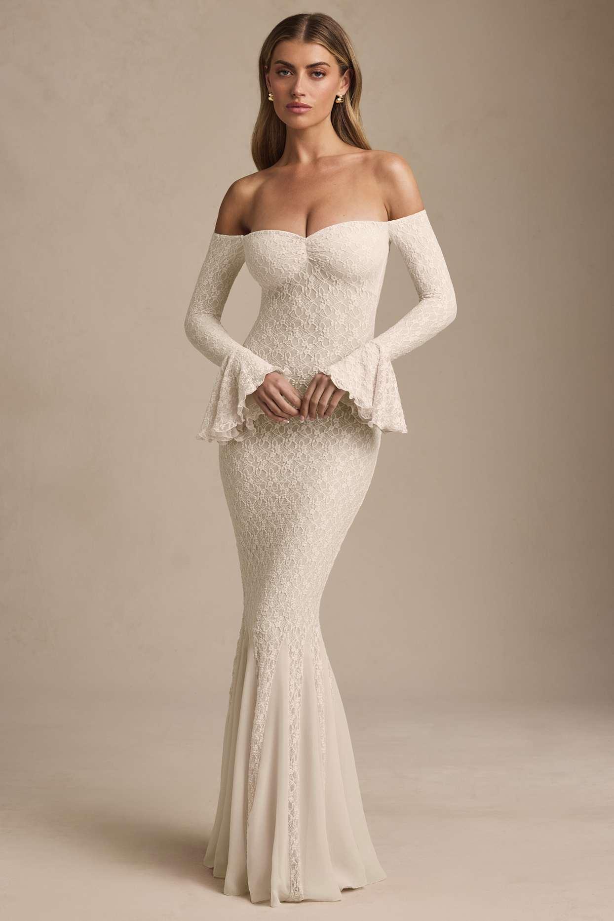 Off-Shoulder Ruffle Lace Maxi Dress in Ivory Product Image