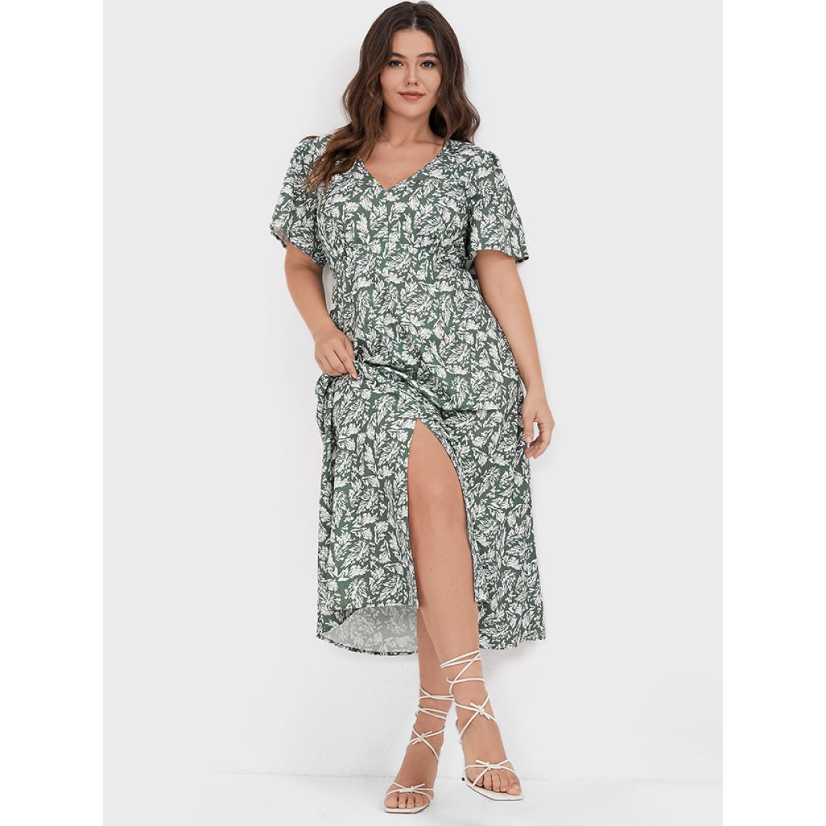 Plus Size Plants Printed V Neck Ruffles Split Midi Dress Green Women Casual Square Neck Short sleeve Curvy Midi Dress BloomChic 30/6X Product Image