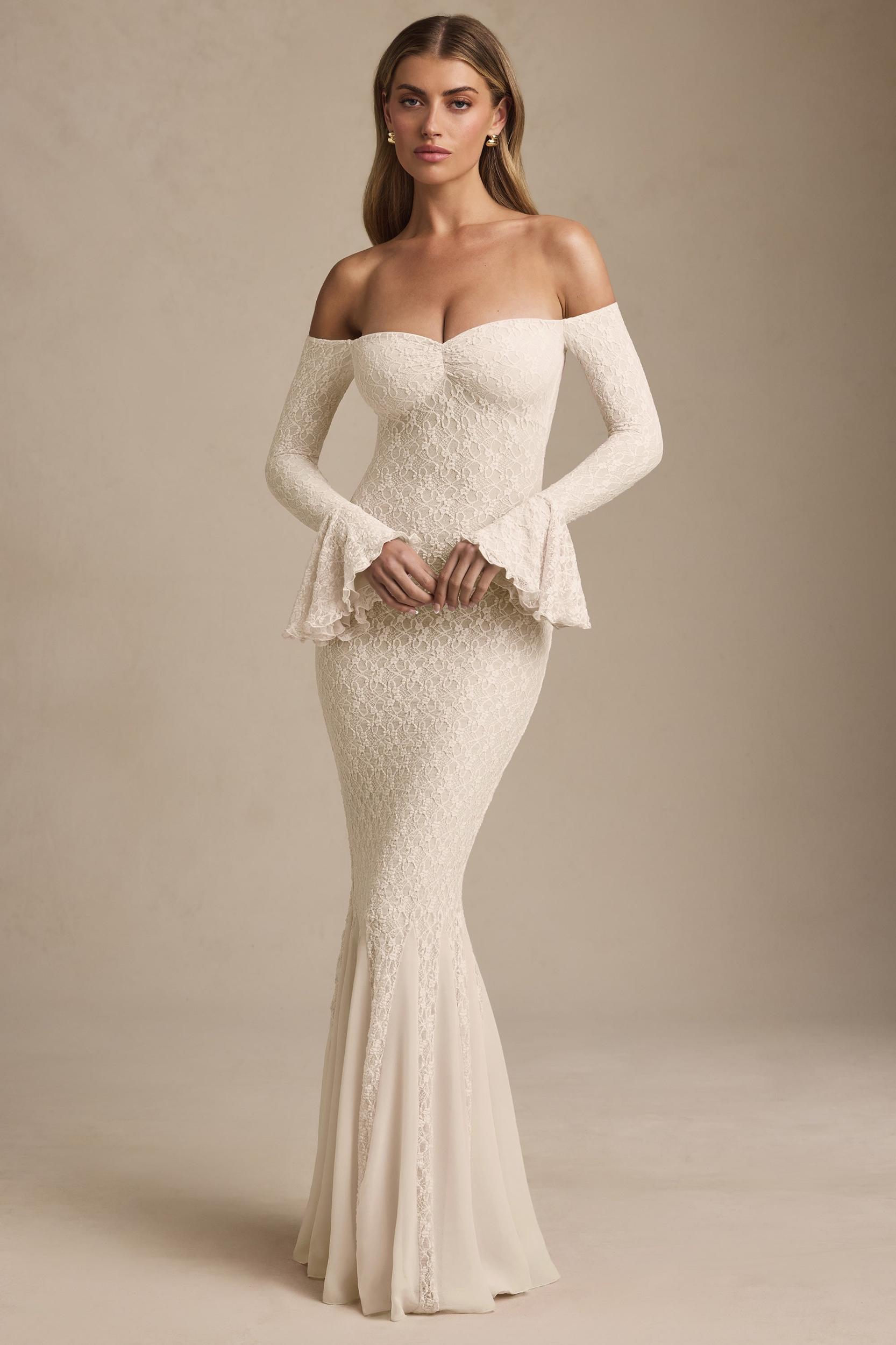 Off-Shoulder Ruffle Lace Maxi Dress in Ivory Product Image