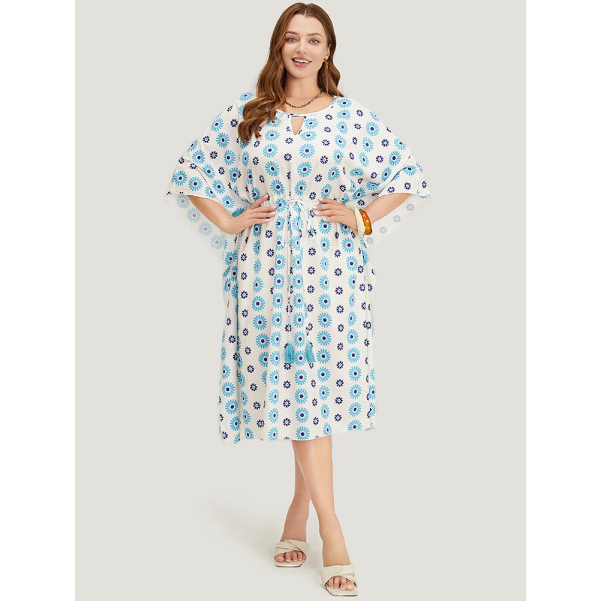 Plus Size Floral Batwing Sleeve Keyhole Knotted Neck Split Dress Cerulean Women Vacation Round Neck Half Sleeve Curvy Midi Dress BloomChic 10/M Product Image