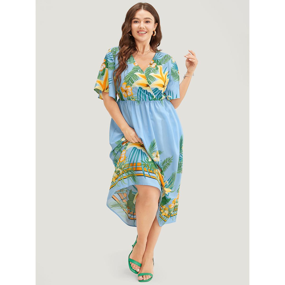 Plus Size Tropical Print Ruffle Sleeve Wrap Pocket Midi Dress LightBlue Women Elegant Elastic Waist V-neck Short sleeve Curvy Midi Dress BloomChic 14-16/1X Product Image