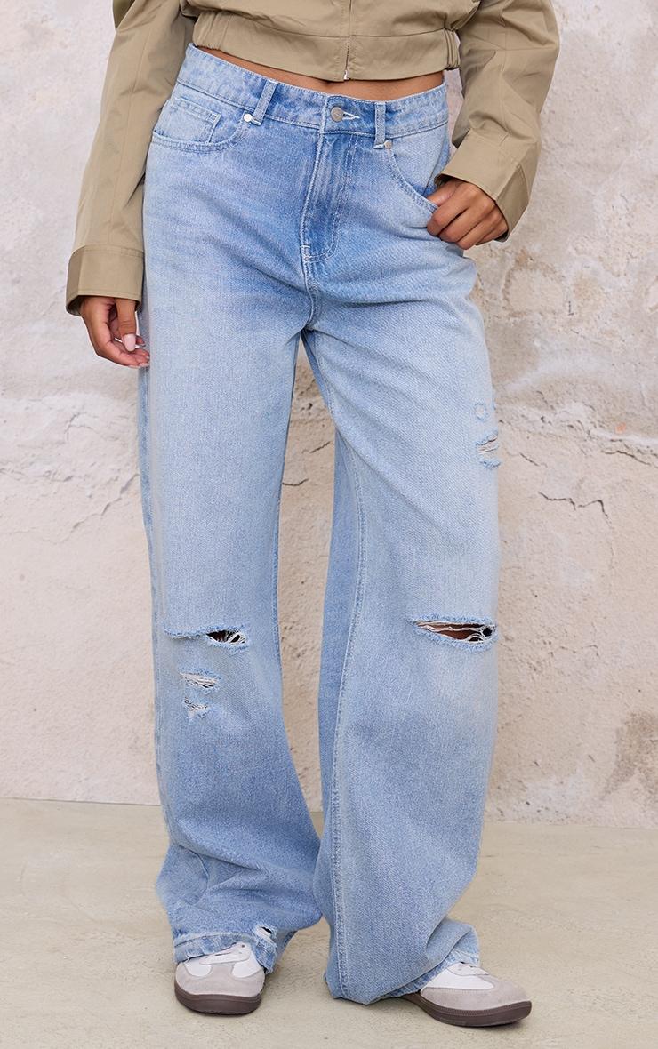 Blue Distressed Detail Wide Leg Jeans Product Image