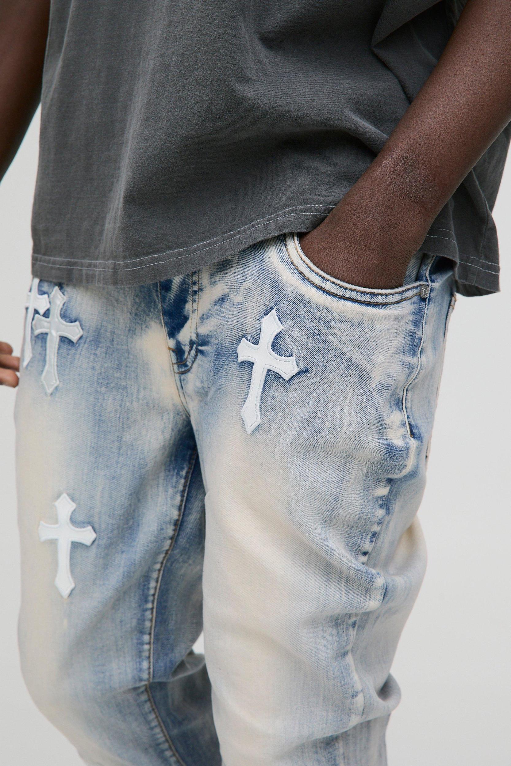 Skinny Fit PU Cross Applique Jeans | boohooMAN USA Product Image