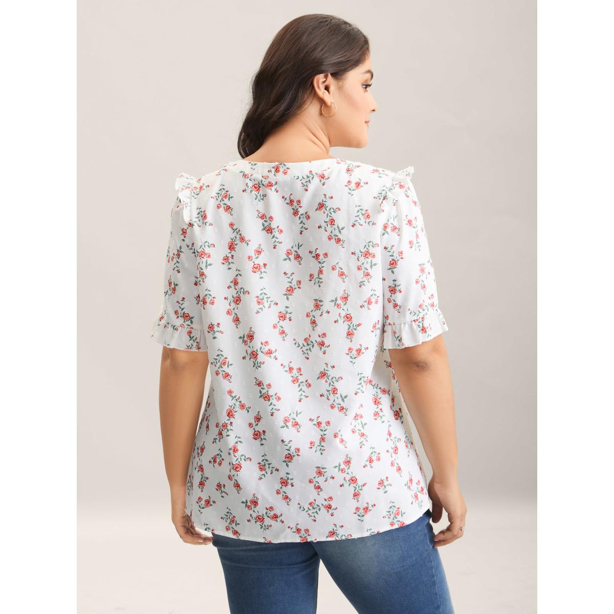 Plus Size Ivory Rosy Print Notched Collar Flowy Blouse Women Half Sleeve Notched collar Everyday-Elegant Blouses BloomChic 12/L Product Image