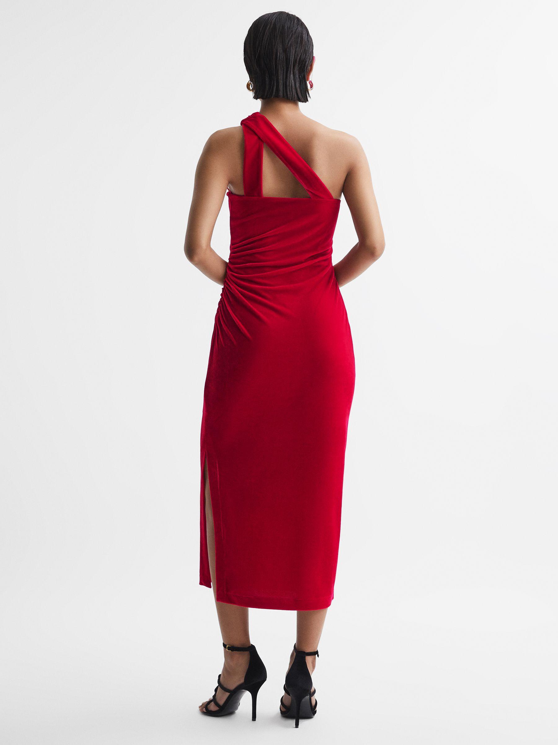 Velvet One-Shoulder Midi Dress in Red Product Image
