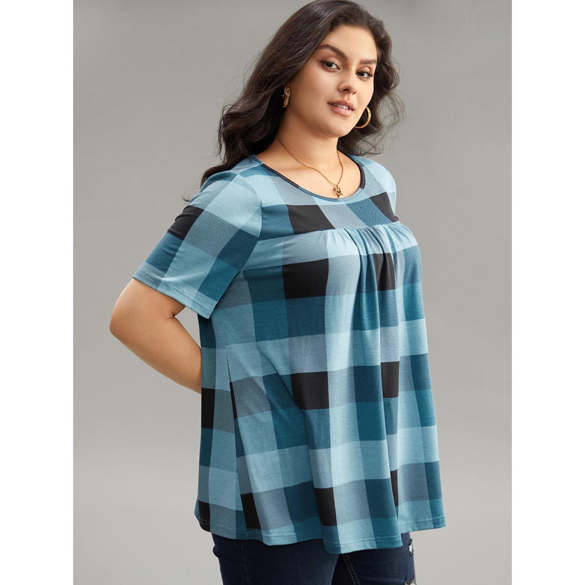 Plus Size Plaid Round Neck Gathered T-shirt Blue Women Casual Gathered Plaid Round Neck Everyday T-shirts BloomChic 12/L Product Image