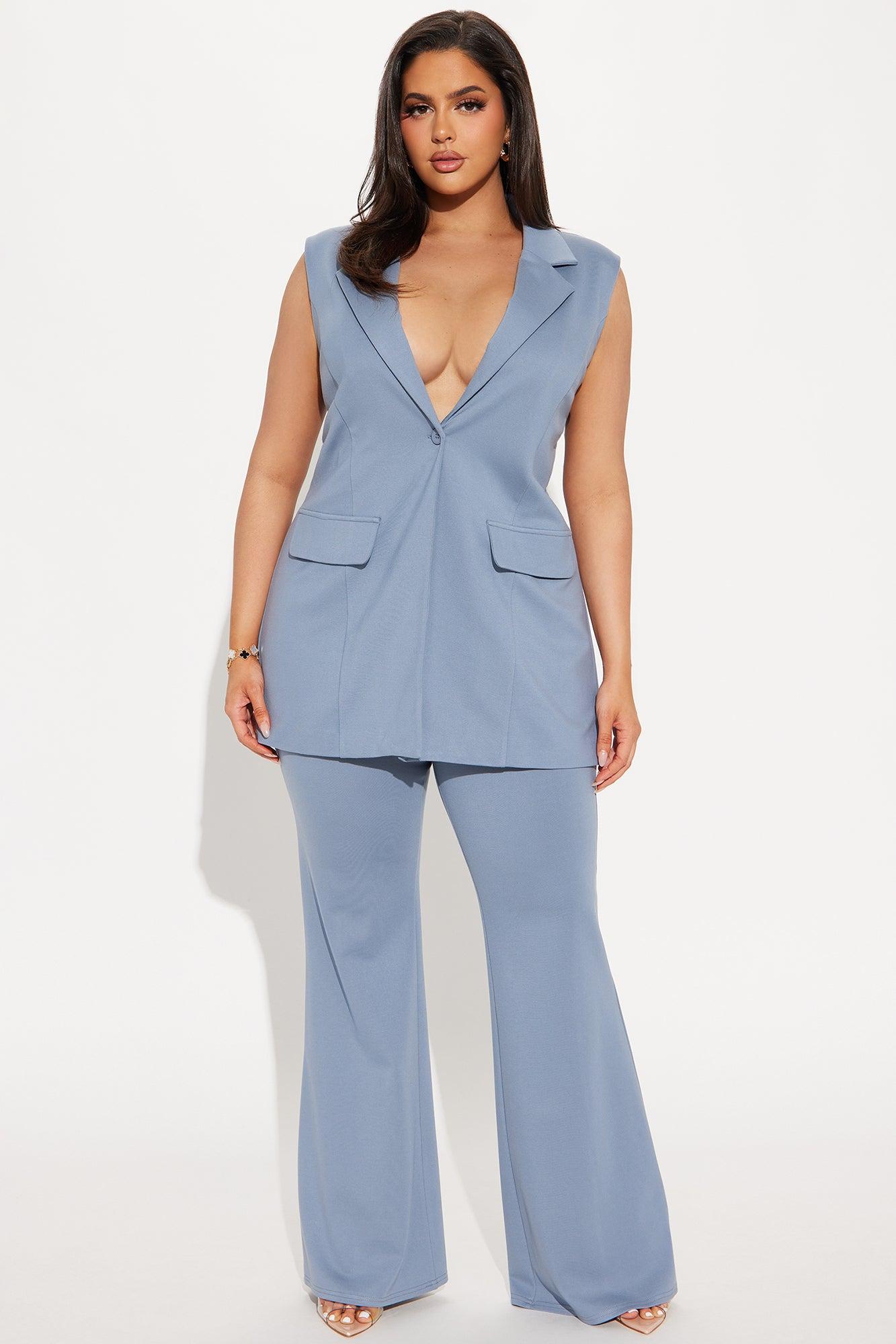 The Mia Double Lined Ponte Long Vest Pant Set - Dusty Blue Product Image
