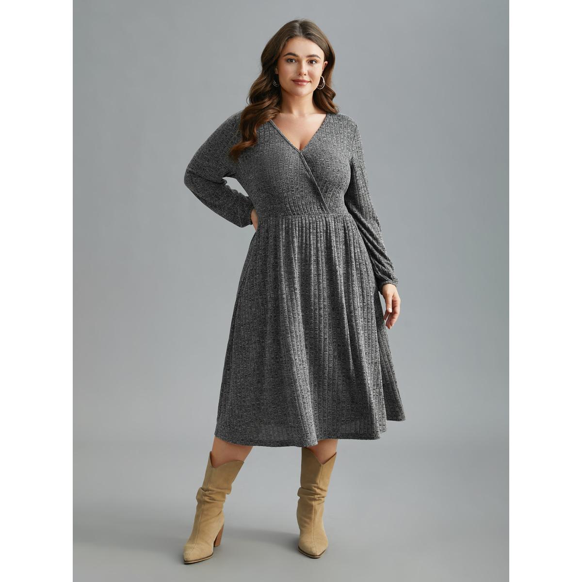 Plus Size Pit Strip Overlap Collar Midi Dress DarkGray Women Casual Texture Knit Dresses Bloomchic 10/M Product Image