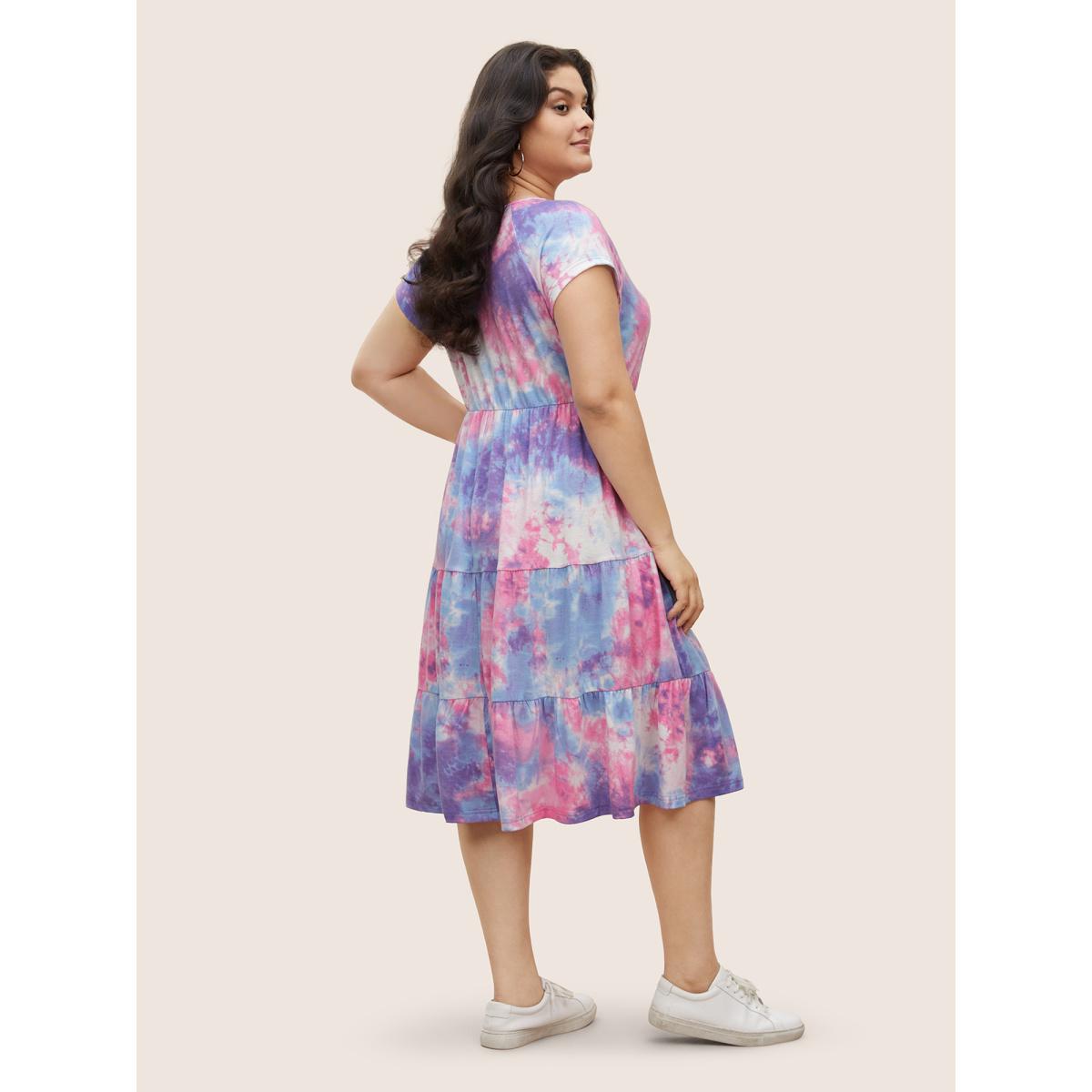 Plus Size Tie Dye Raglan Sleeve Patchwork Gathered Dress Multicolor Women Casual Gathered V-neck Cap Sleeve Curvy Midi Dress BloomChic 22-24/3X Product Image