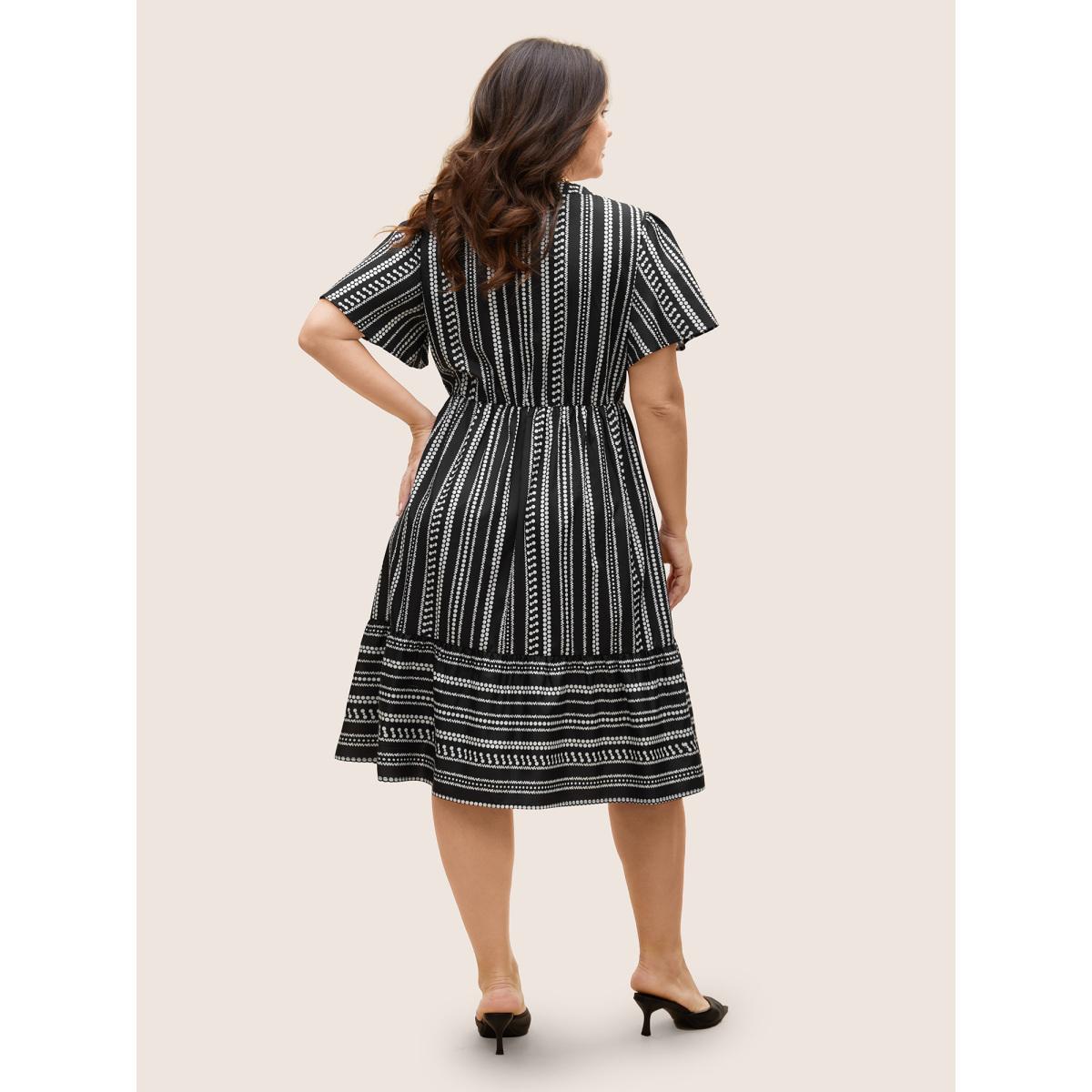 Plus Size Striped Elastic Waist Ruffle Sleeve Dress Black Women Work From Home Ruffles Flat collar with V-notch Short sleeve Curvy BloomChic 14-16/1X Product Image