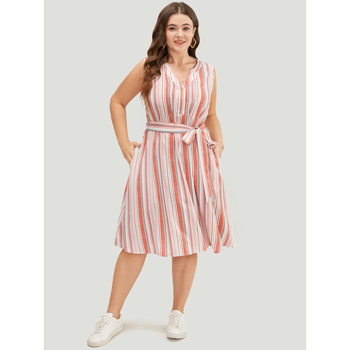 Plus Size Striped Contrast Belted Pocket Notched Tank Dress Multicolor Women Casual Contrast Notched collar Sleeveless Curvy Midi Dress BloomChic 18-20/2X Product Image