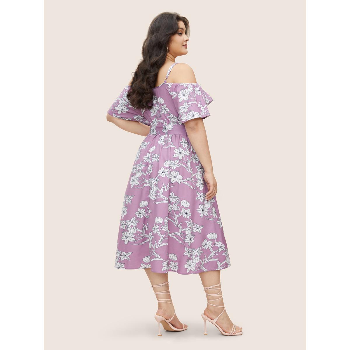 Plus Size Floral Ruffles Asymmetrical Hem Belted Gathered Dress Lilac Women Elegant Gathered Non Short sleeve Curvy Midi Dress BloomChic 30/6X Product Image