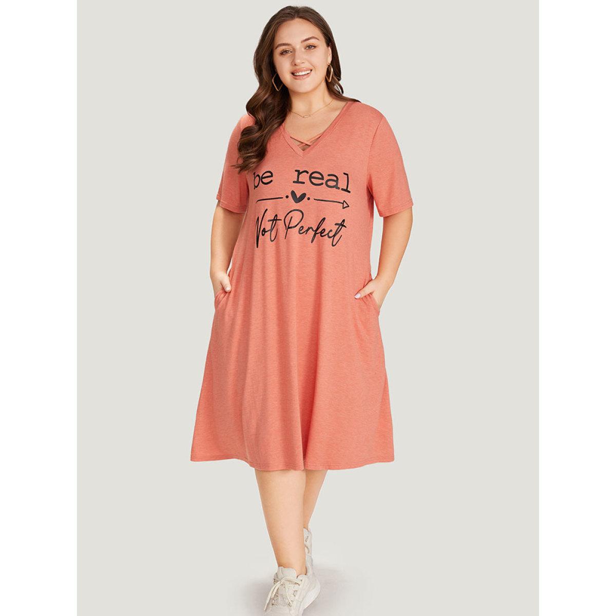 Plus Size Supersoft Essentials Letter Print Pocket Crisscross Neck Dress Coral Women Casual Plain Curvy Midi Dress BloomChic 18-20/2X Product Image