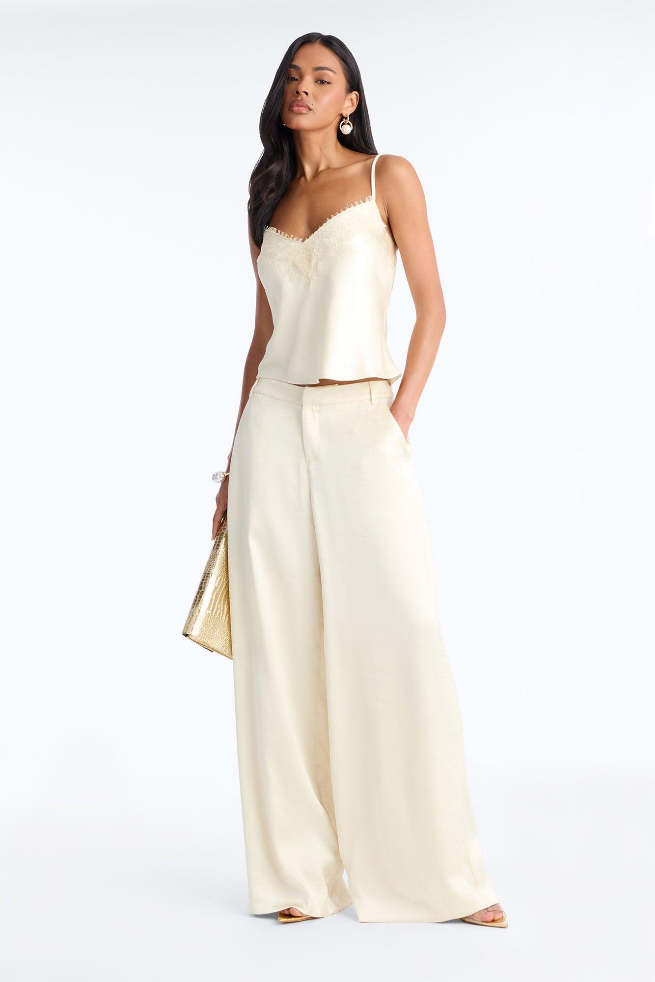 Romance Me Satin Lace Trim Cami Top - Off White Female Product Image