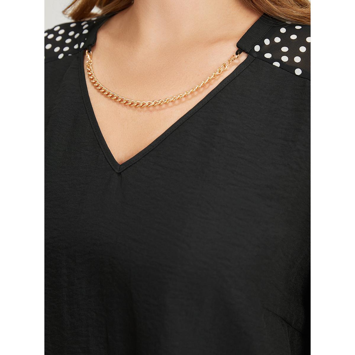 Plus Size Black Polka Dot Patchwork Flutter Sleeve Chain Detail Blouse Women Elegant Short sleeve V-neck Dailywear Blouses BloomChic 30/6X Product Image