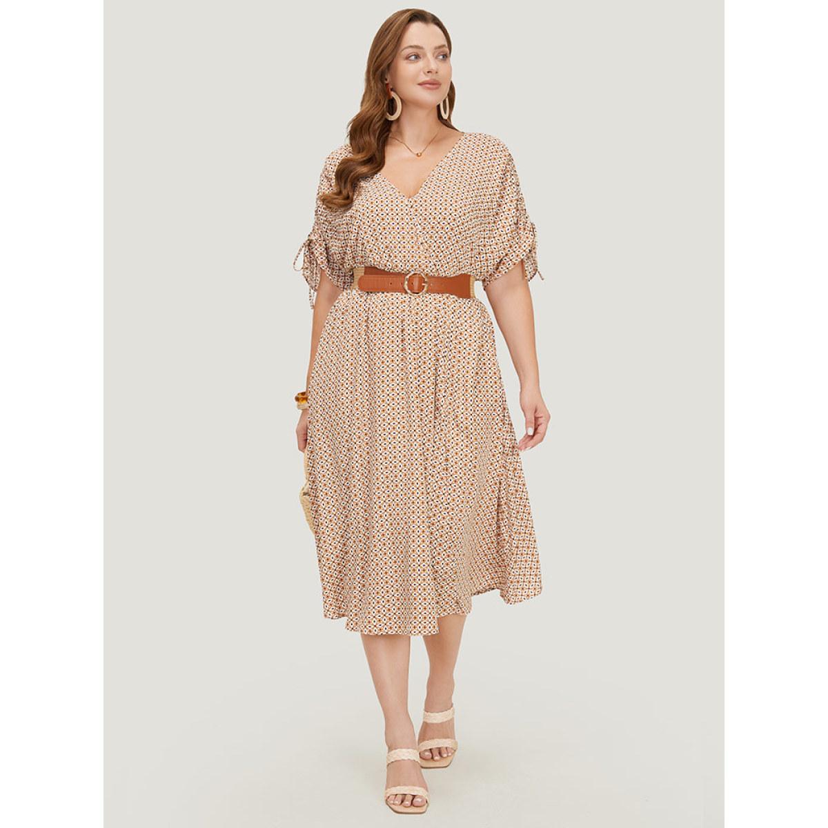 Plus Size Bandana Print Ruffles Pocket Wrap Drawstring Sleeve Dress LightBrown Women Vacation Wrap V-neck Short sleeve Curvy Midi Dress BloomChic 22-24/3X Product Image