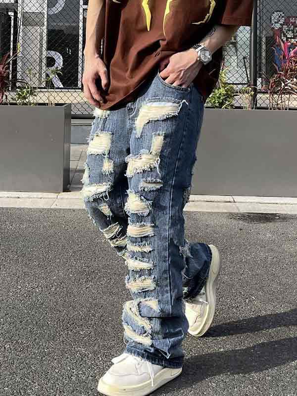 Men's Washed Ripped Flare Loose Jeans Product Image