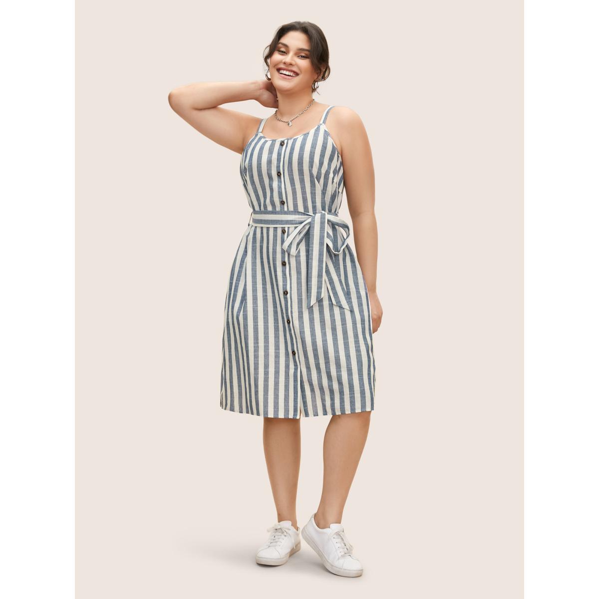 Plus Size Striped Button Detail Belted Cami Dress DarkBlue Women Casual Belted Non Sleeveless Curvy BloomChic 10/M Product Image