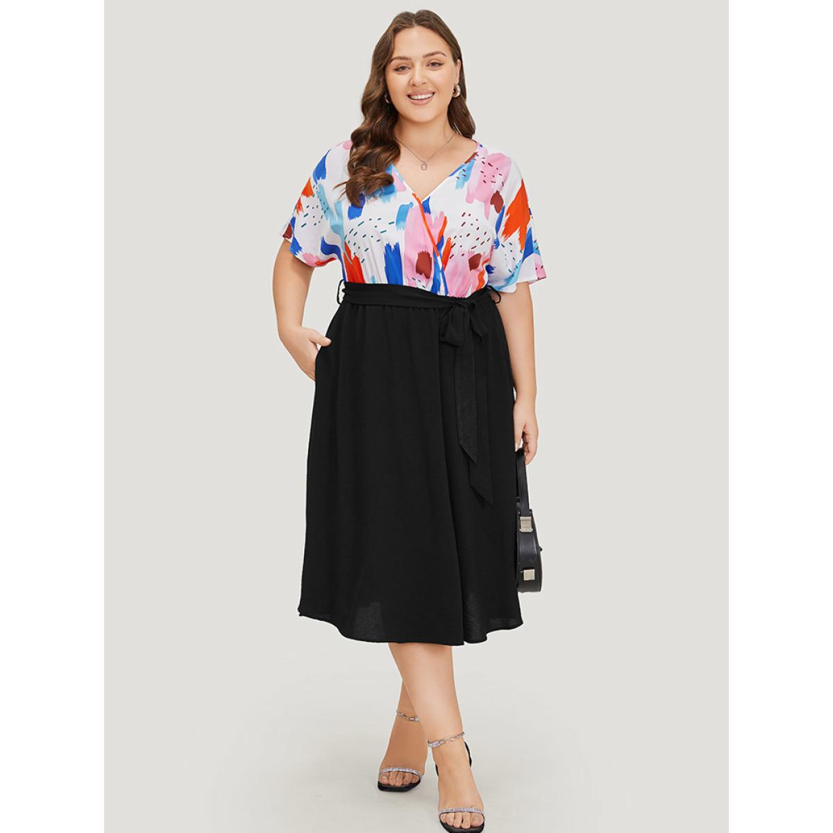 Plus Size Brush Print Surplice Neck Belted Patchwork Flutter Dress Black Women Office Wrap V-neck Short sleeve Curvy Midi Dress BloomChic 28/5X Product Image