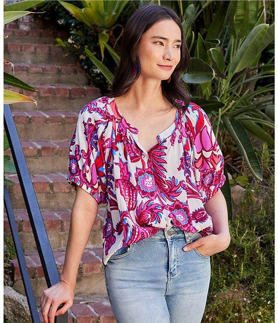 Karen Kane Scoop Neck Short Sleeve Print Peasant Top Product Image
