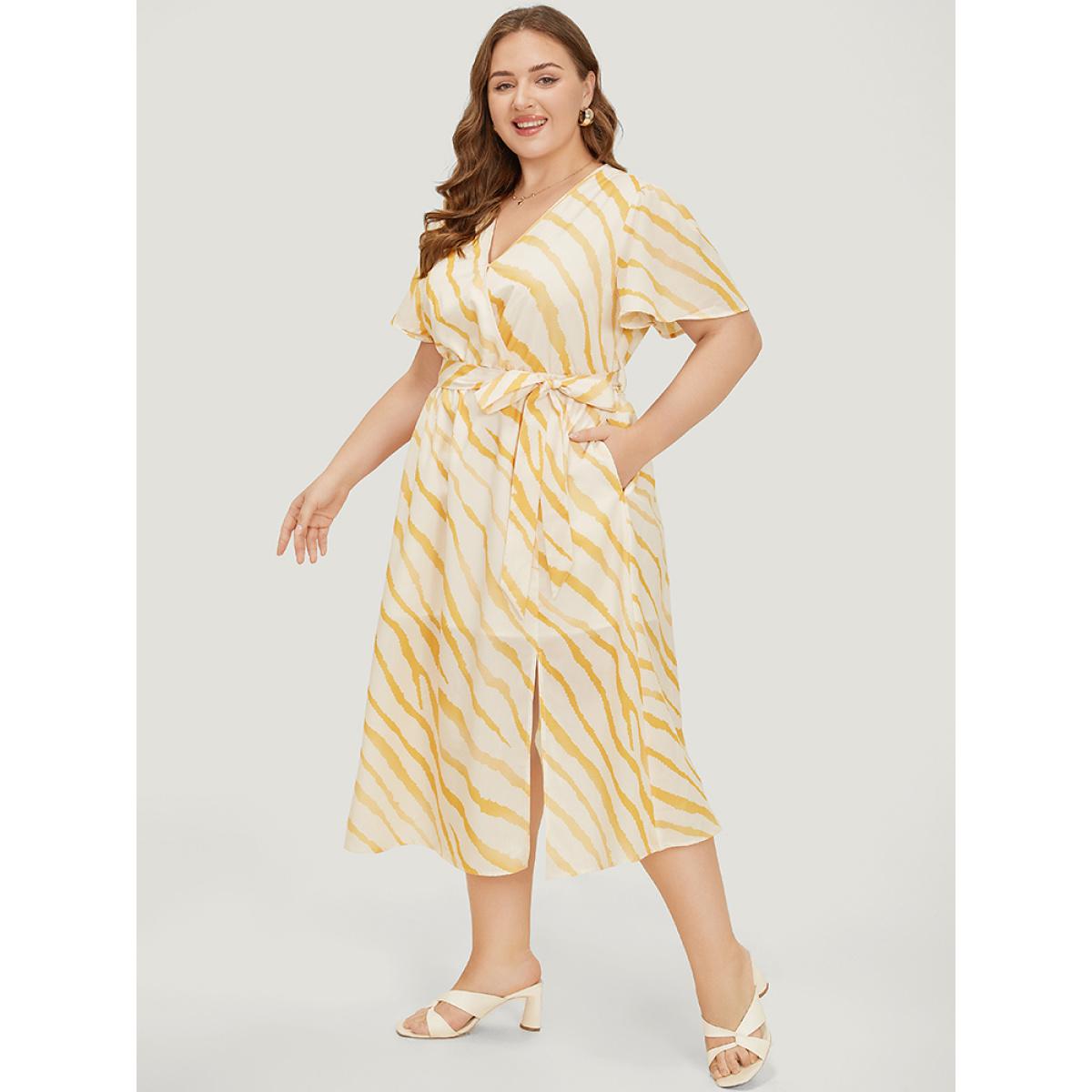 Plus Size Zebra Print Wrap Pocket Belt Ruffle Sleeve Split Dress Yellow Women Elegant Wrap V-neck Short sleeve Curvy Midi Dress BloomChic 18-20/2X Product Image