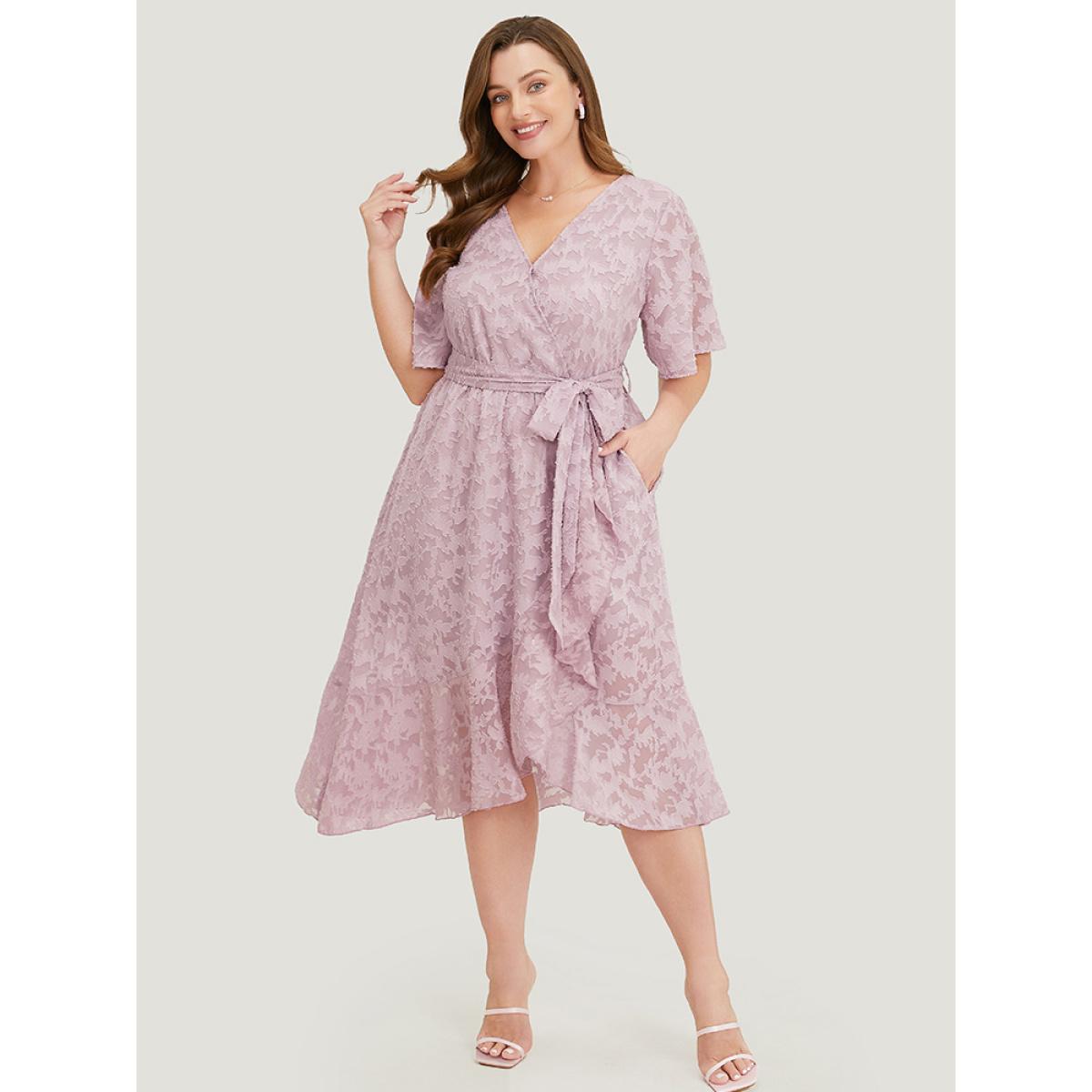 Plus Size Plain Floral Pocket Belted Mesh Ruffle Trim Wrap Midi Dress Lilac Women Glamour Lined V-neck Short sleeve Curvy Midi Dress BloomChic 30/6X Product Image