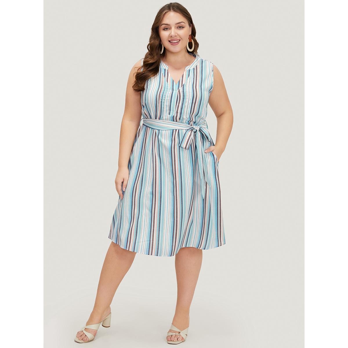 Plus Size Striped Contrast Belted Pocket Notched Tank Dress LightBlue Women Casual Contrast Notched collar Sleeveless Curvy Midi Dress BloomChic 28/5X Product Image