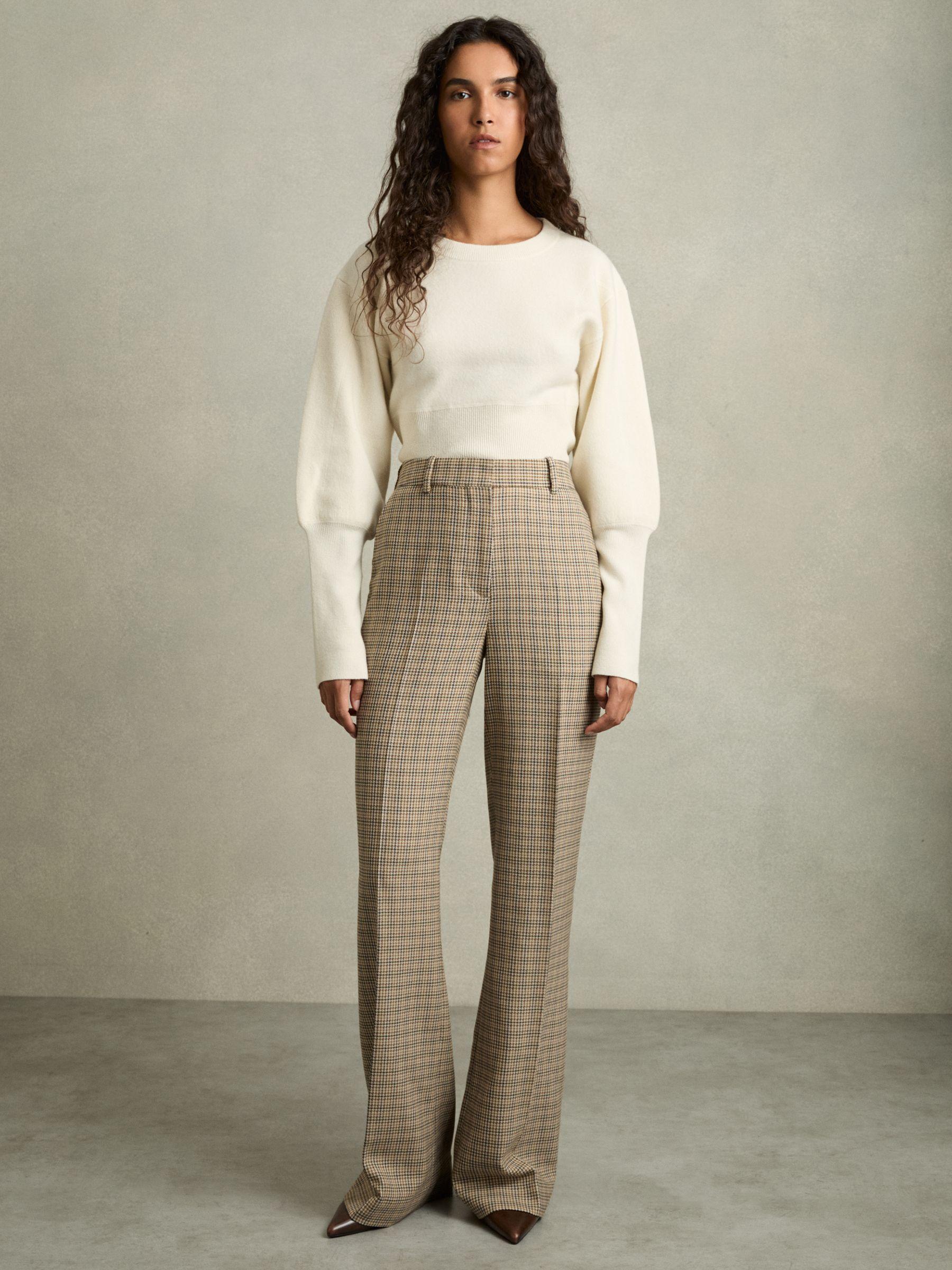 Petite Wool Wide-Leg Houndstooth-Check Trousers in Brown Check Product Image