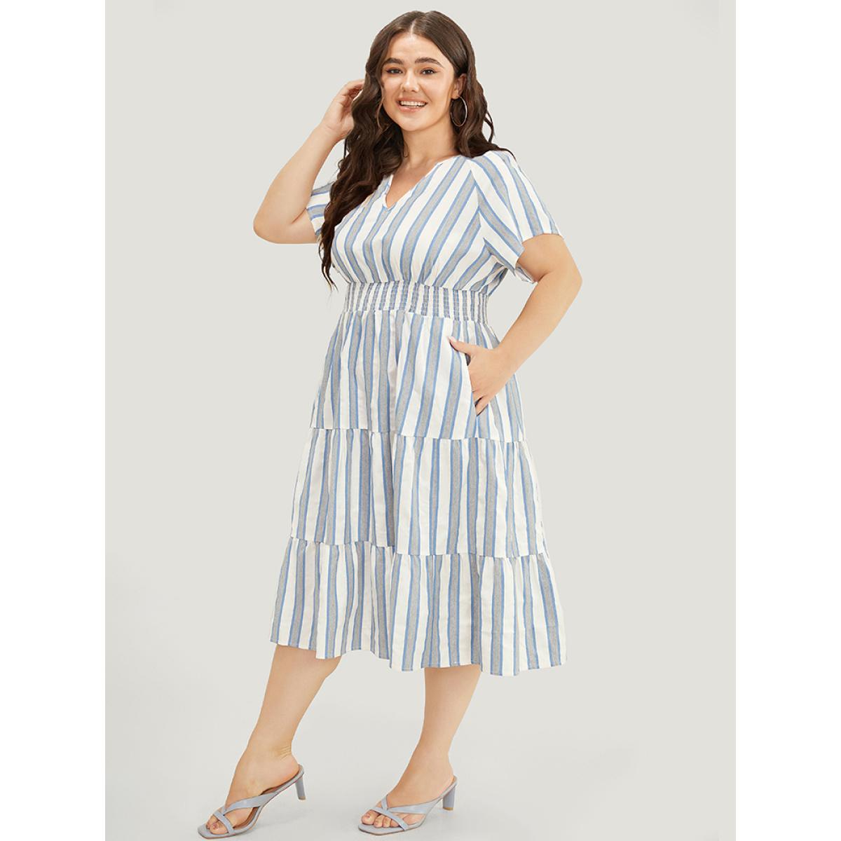 Plus Size Striped Contrast Pocket Shirred Flutter Tiered Dress Blue Women Resort Non V-neck Short sleeve Curvy Midi Dress BloomChic 10/M Product Image