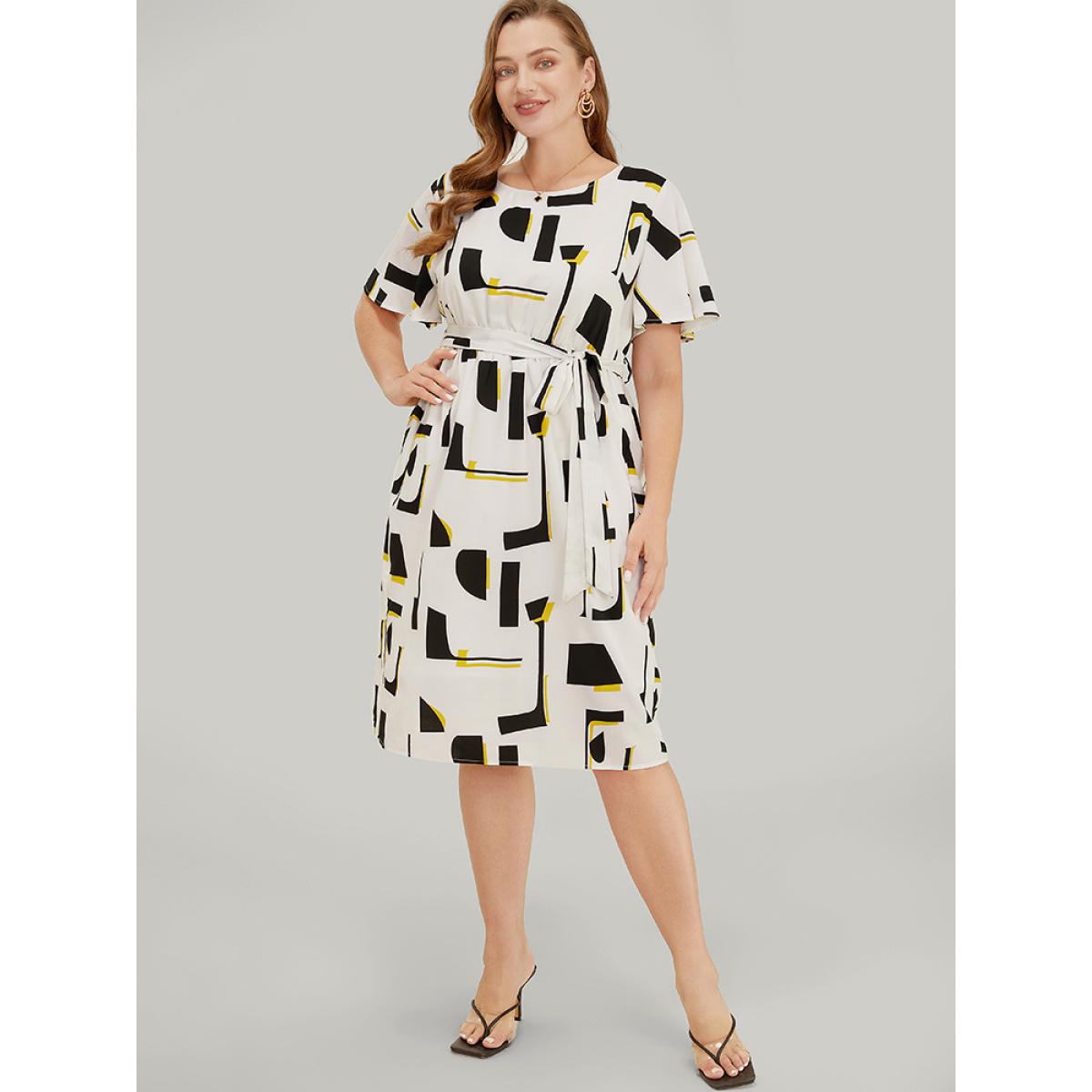 Plus Size Geometric Print Pocket Belt Flutter Sleeve Dress Black Women Elegant Contrast Round Neck Short sleeve Curvy Knee Dress BloomChic 28/5X Product Image