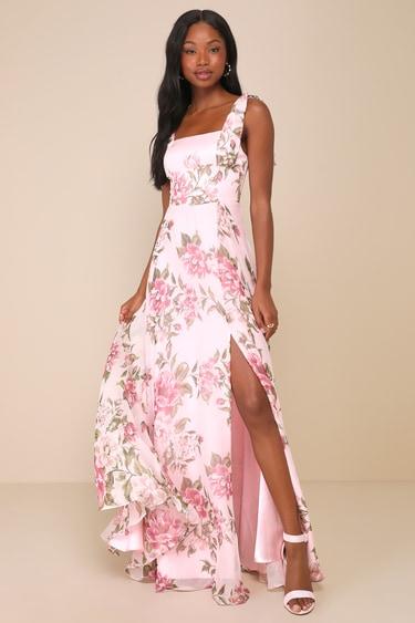 Love Me Forever Pink Floral Tie-Strap Square Neck Maxi Dress Product Image