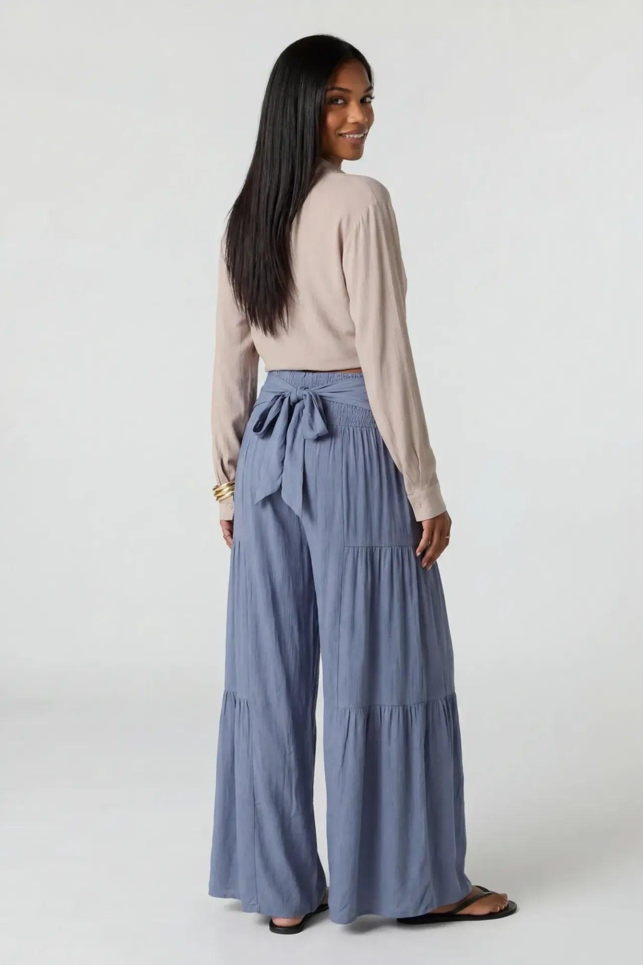 Tie Waist Tiered Palazzo Pant Female Product Image