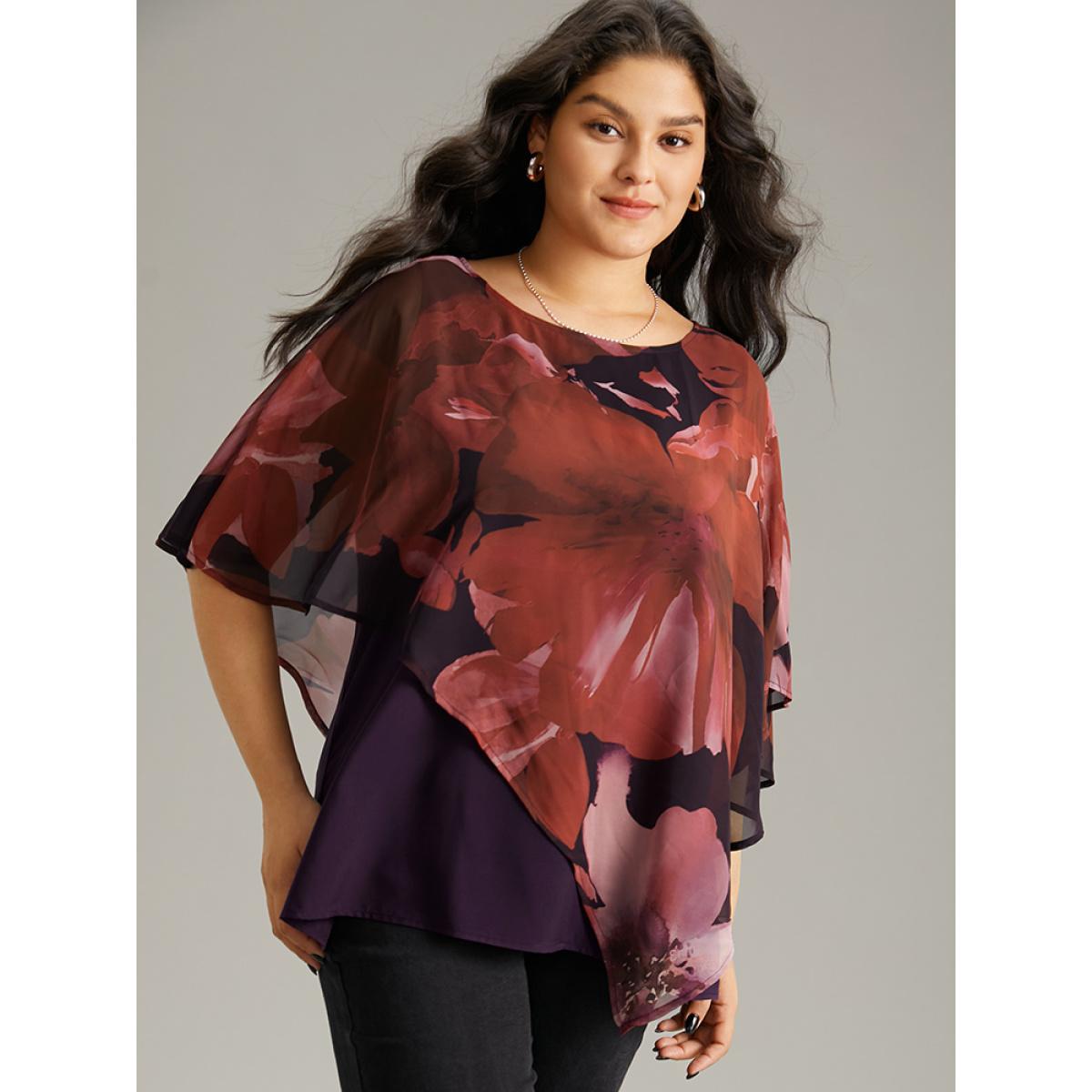 Plus Size Purple Floral Mesh Asymmetrical Dolman Sleeve Blouse Women Glamour Short sleeve Round Neck Going out Blouses BloomChic 18-20/2X Product Image