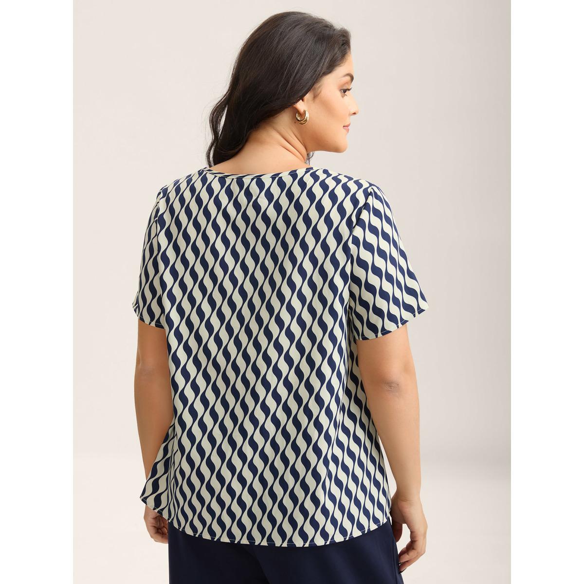 Plus Size Indigo Wavy Print Asymmetrical Neckline Blouse Women Short sleeve Asymmetrical Neck Work Blouses BloomChic 14-16/1X Product Image