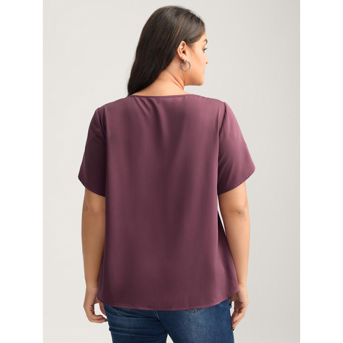 Plus Size Plum Petal Sleeve Shoulder Button Solid Blouse Women Short sleeve Round Neck Work Blouses BloomChic 18-20/2X Product Image