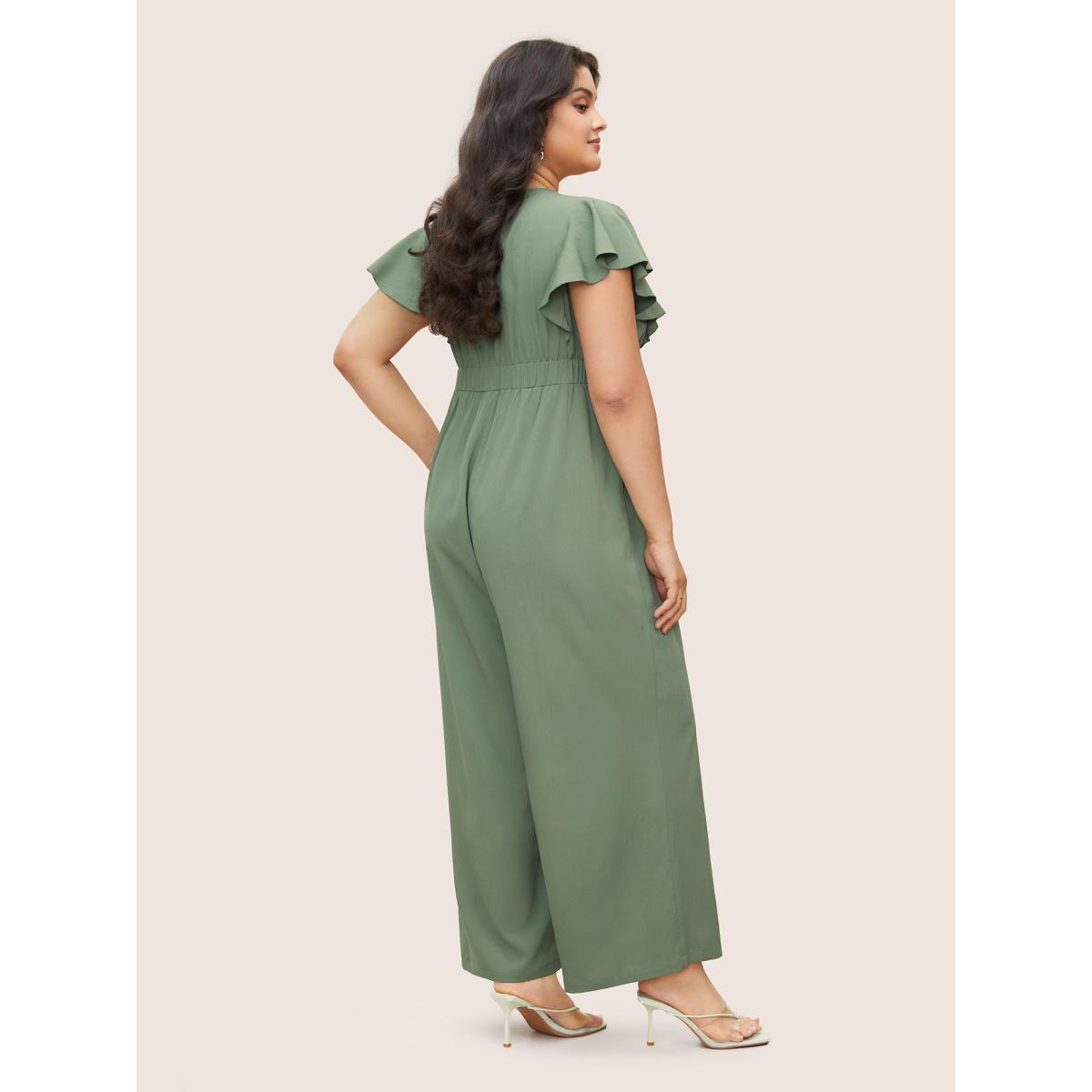 Plus Size Sage Solid Button Up Ruffle Cap Sleeve Jumpsuit Women Elegant Cap Sleeve V-neck Everyday Loose Jumpsuits BloomChic 12/L Product Image