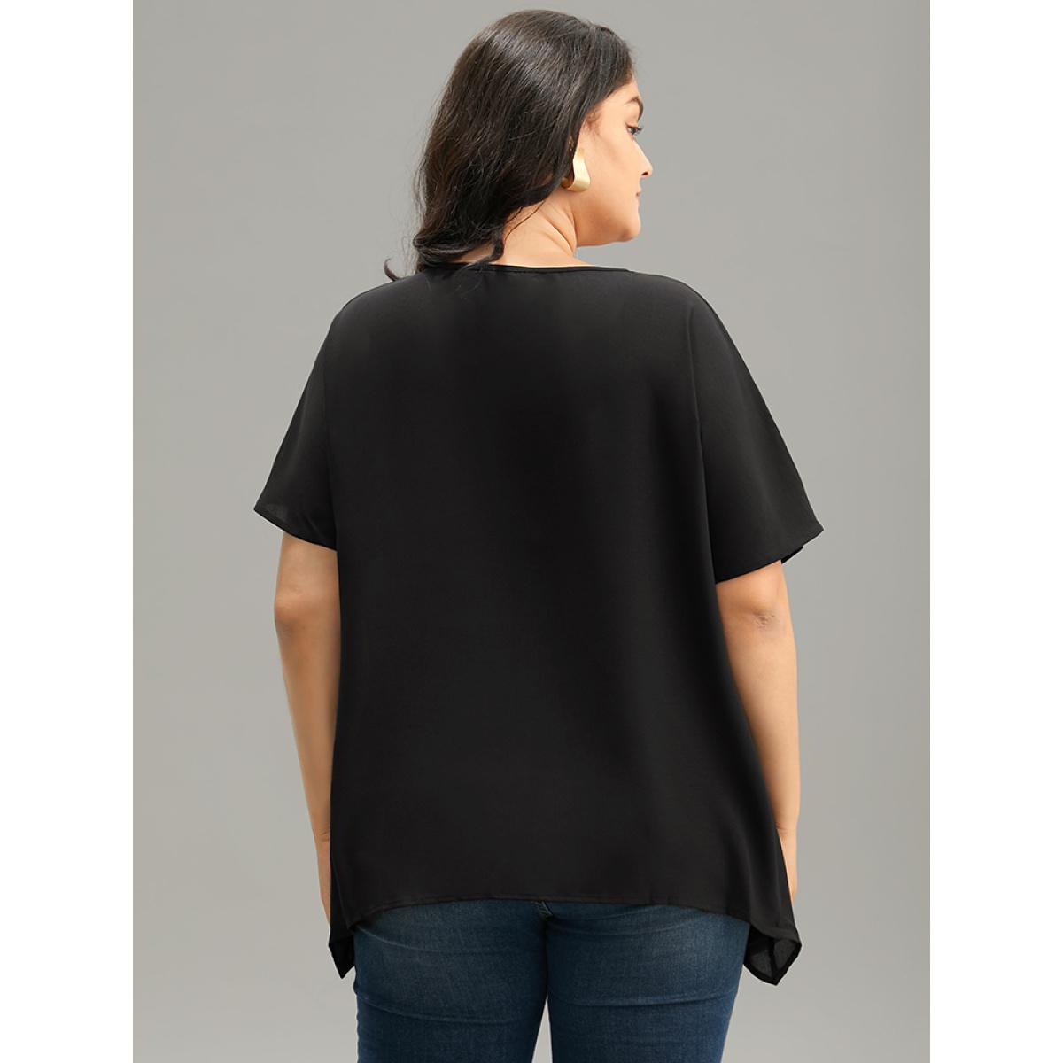 Plus Size Black Plain Zipper Curved Hem Blouse Women Office Short sleeve V-neck Work Blouses BloomChic 10/M Product Image