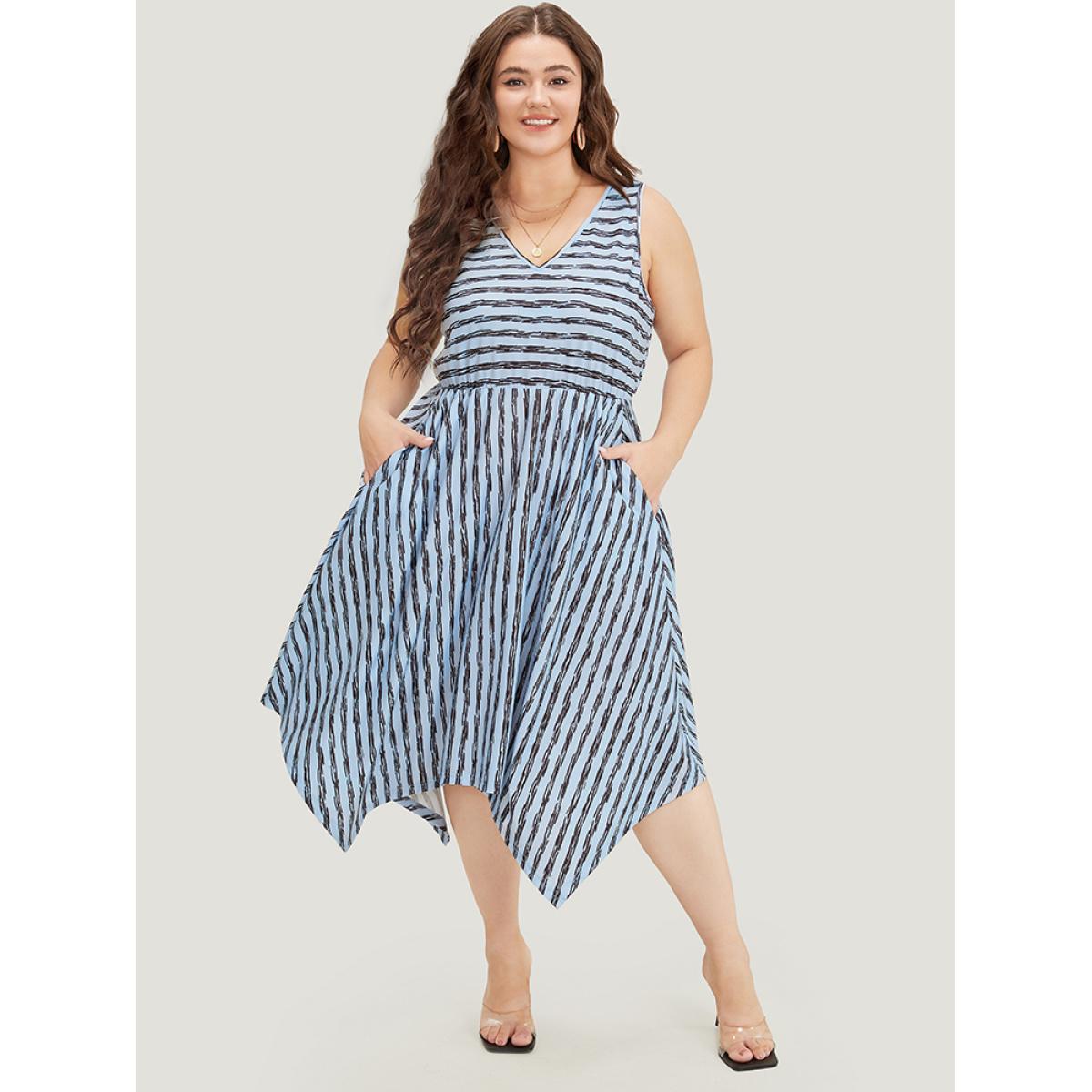 Plus Size Striped Print Hanky Hem Pocket V Neck Tank Dress Stone Women Elegant Gathered V-neck Sleeveless Curvy Midi Dress BloomChic 22-24/3X Product Image