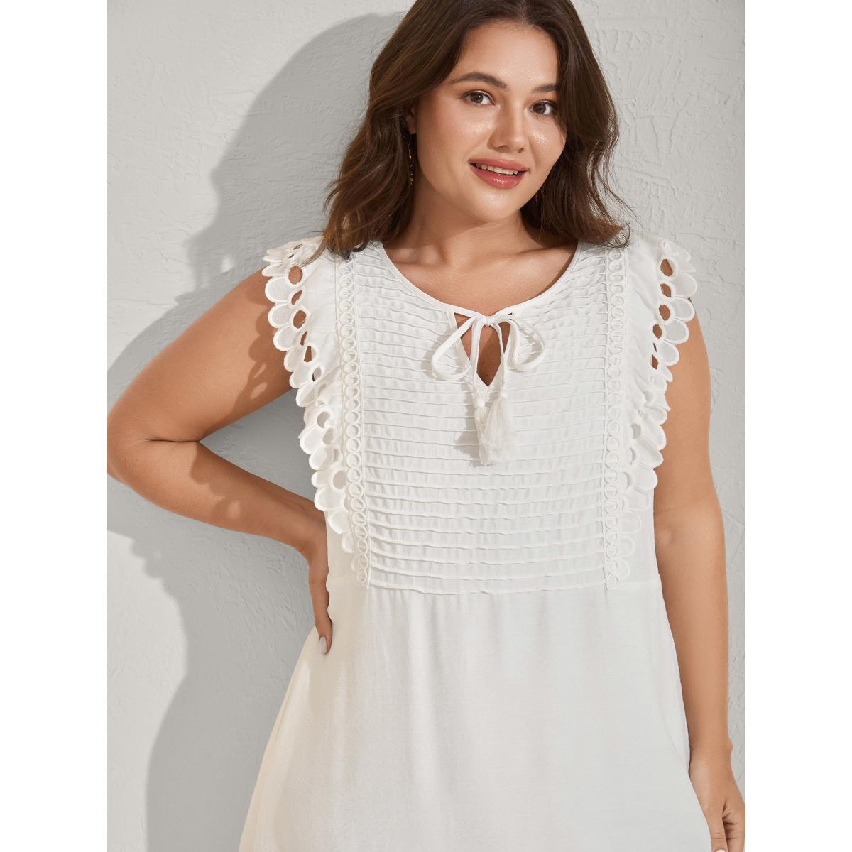 Plus Size Lace Embroidered Sleeve Plain Midi Dress Originalwhite Women V-neck Cap Sleeve Curvy BloomChic 18-20/2X Product Image