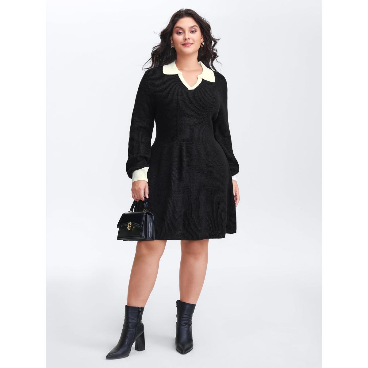 Plus Size Polo Collar Textured Waist Defining Knit Dress Black Women Timeless Bodycon Long Sleeve Elegant Sweater Dresses BloomChic 18-20/2X Product Image
