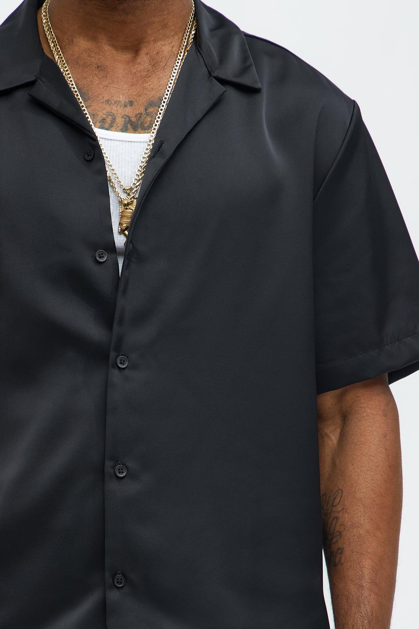 Links Satin Short Sleeve Button Up Shirt - Black Product Image
