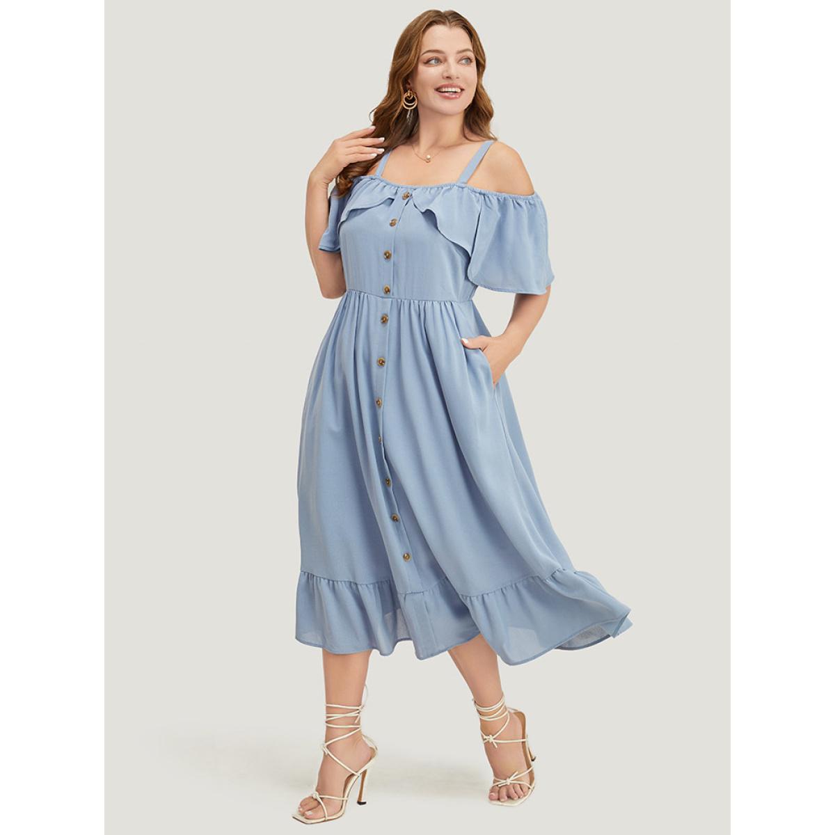 Plus Size Plain Ruffle Trim Pocket Cold Shoulder Button Detail Dress Stone Women Vacation Adjustable Straps One-shoulder neck Short sleeve Curvy Midi Dress BloomChic 12/L Product Image